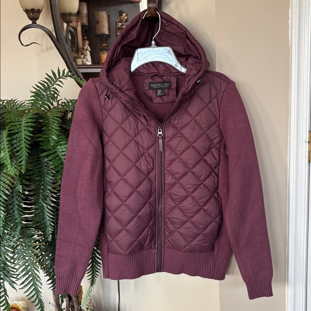 Rachel Zoe Quilted Puffer Jacket w/ Hood Knit Sleeves & Back Full Zip Burgundy